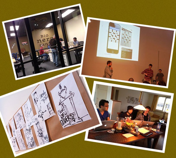 Nerds hard at work, and a collection of caricatures from the event.