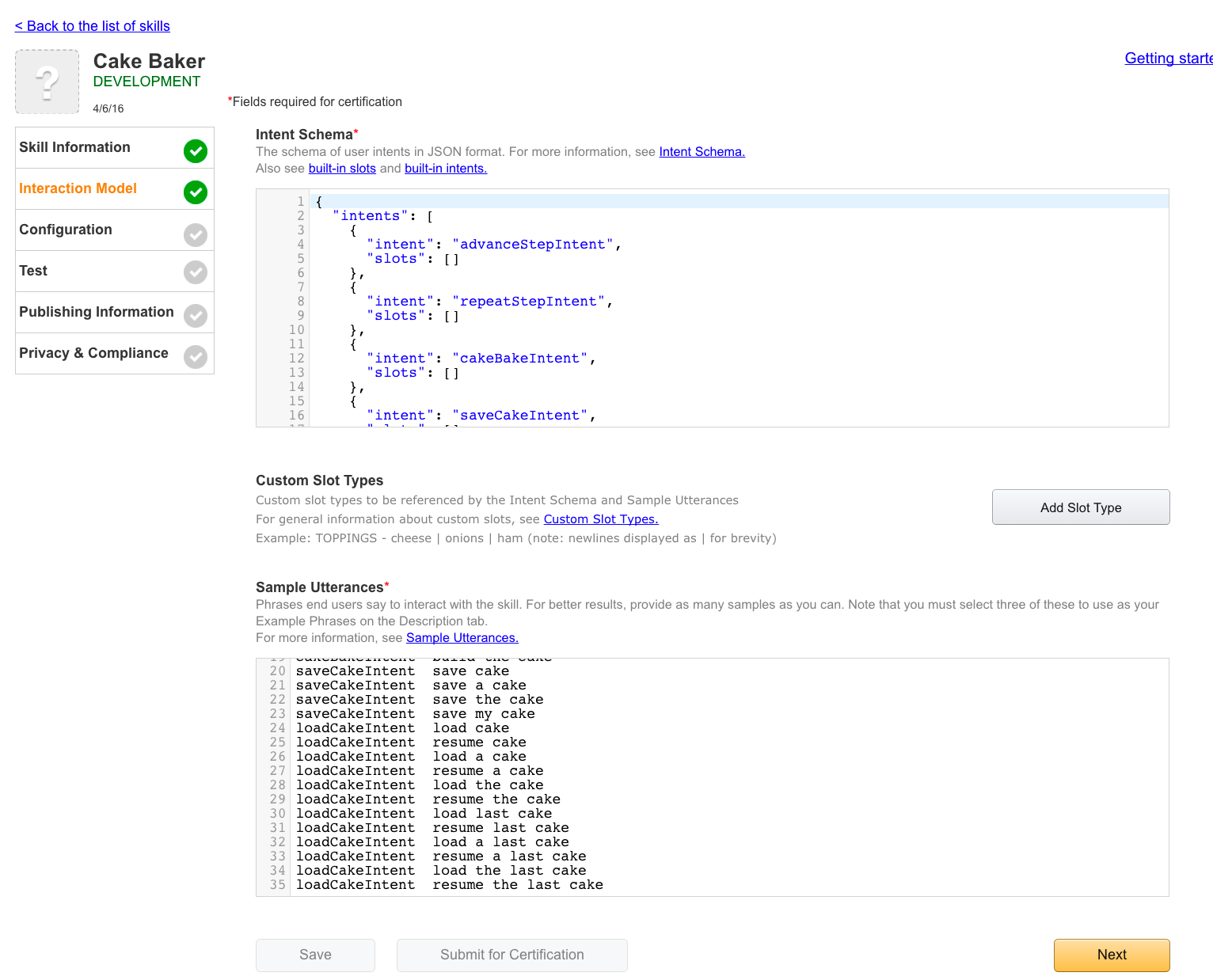 CakeBaker intent schema utterances