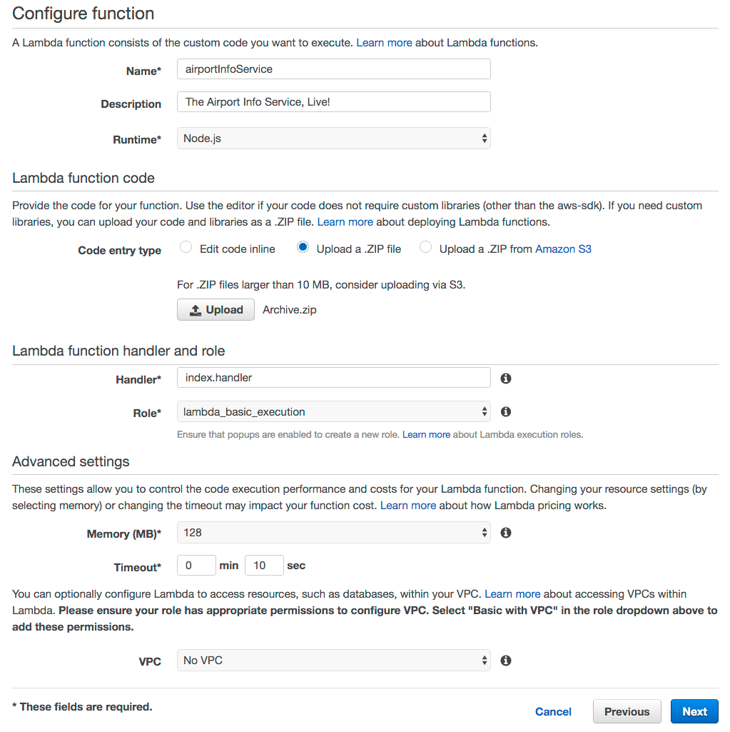 Completed AWS Lambda form