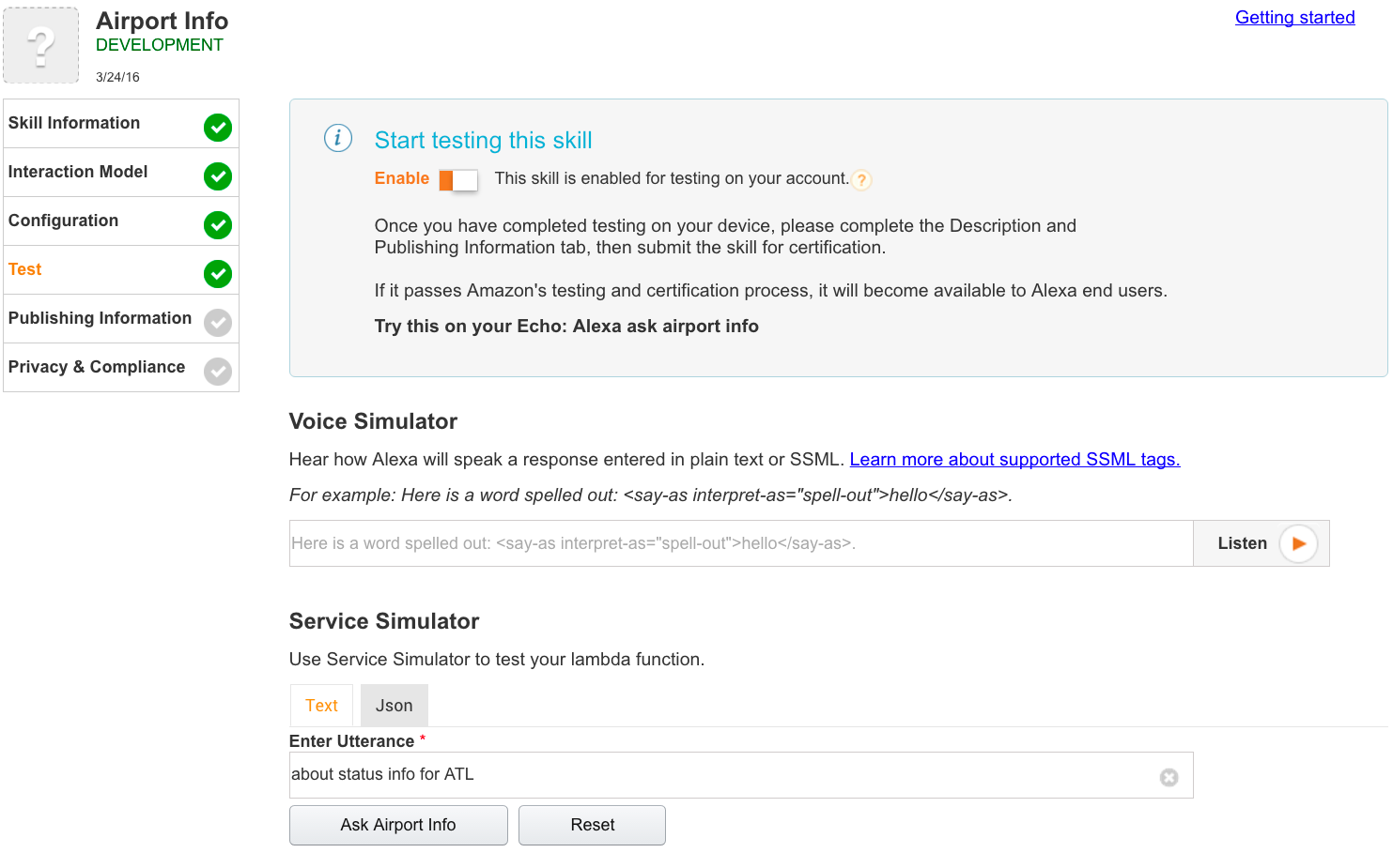 Testing the Alexa skill in staging