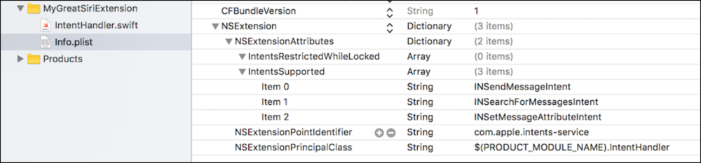 Editing the Intents Extension's Info.plist.