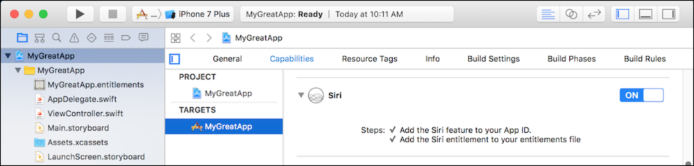 Enabling the Siri app capability in Xcode.