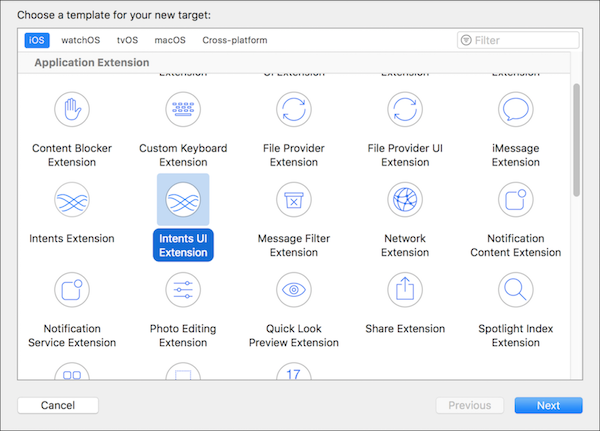 Adding Intents UI Extension target.
