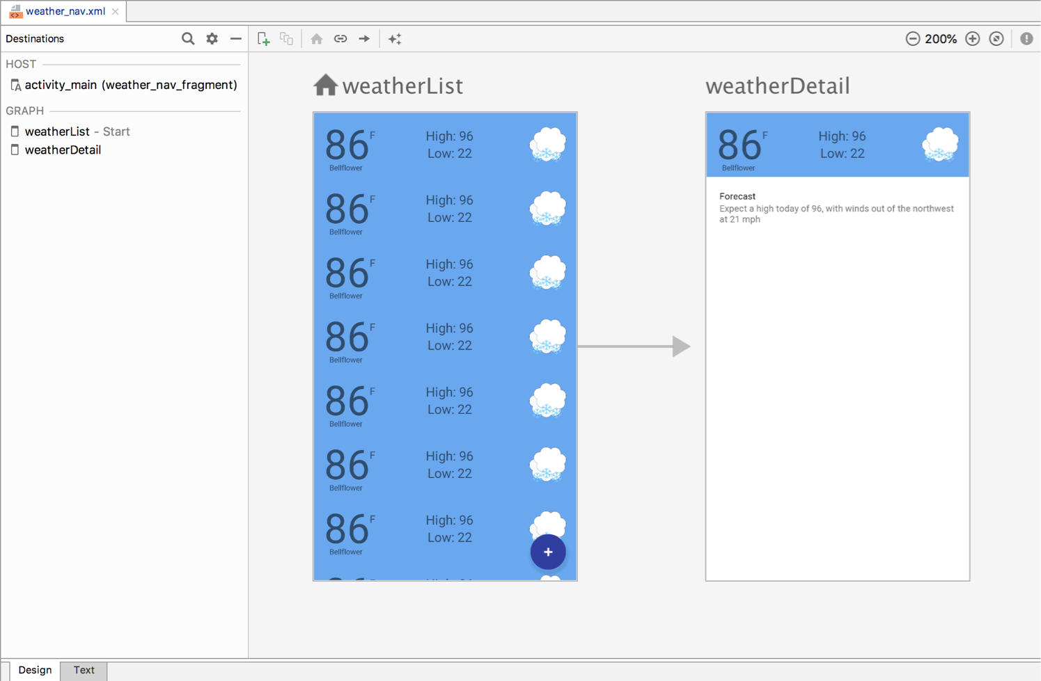 Weather navigation graph with Tools Attrs applied