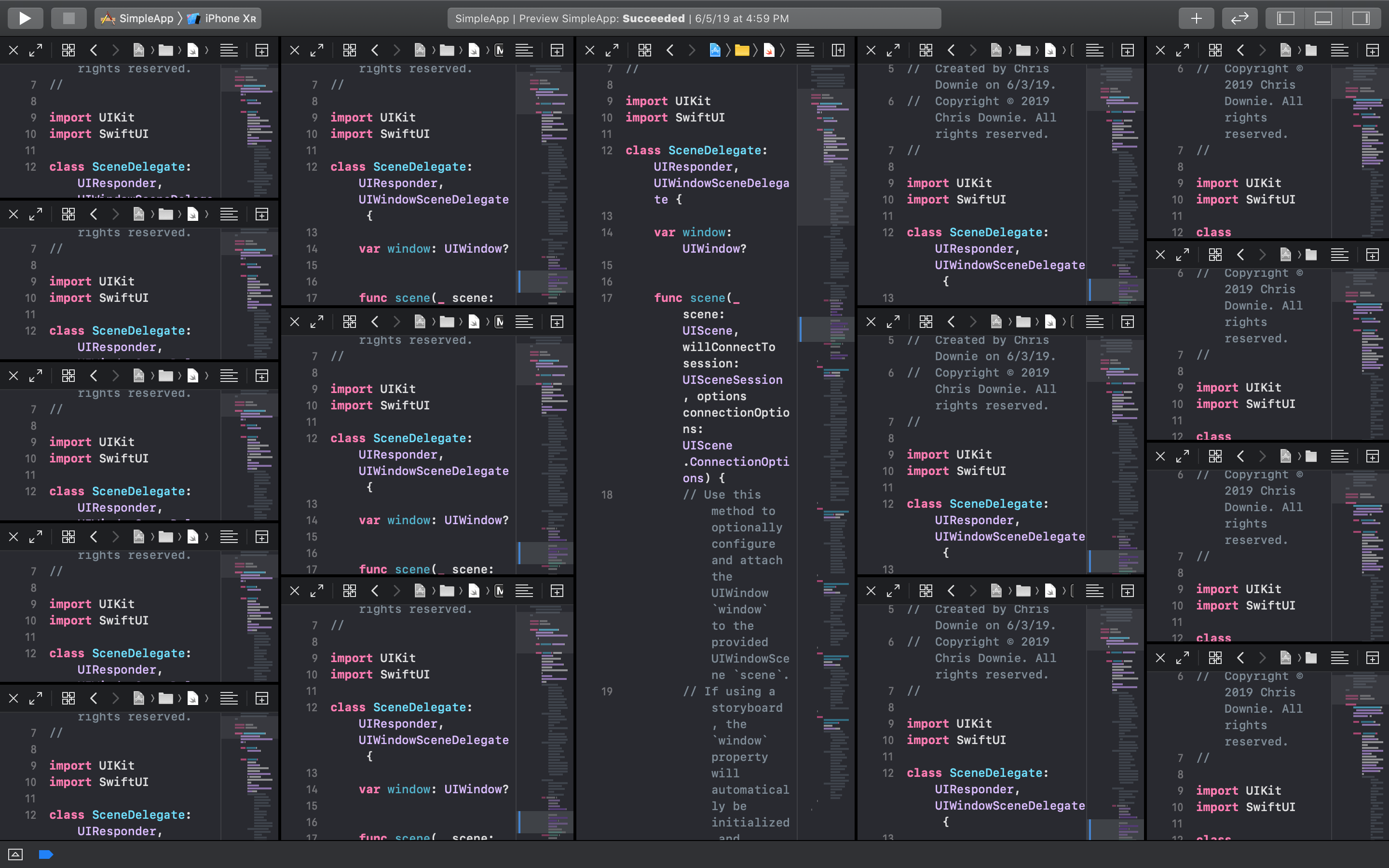 Five columns of editor windows are shown with anywhere from one to five editors in each column.