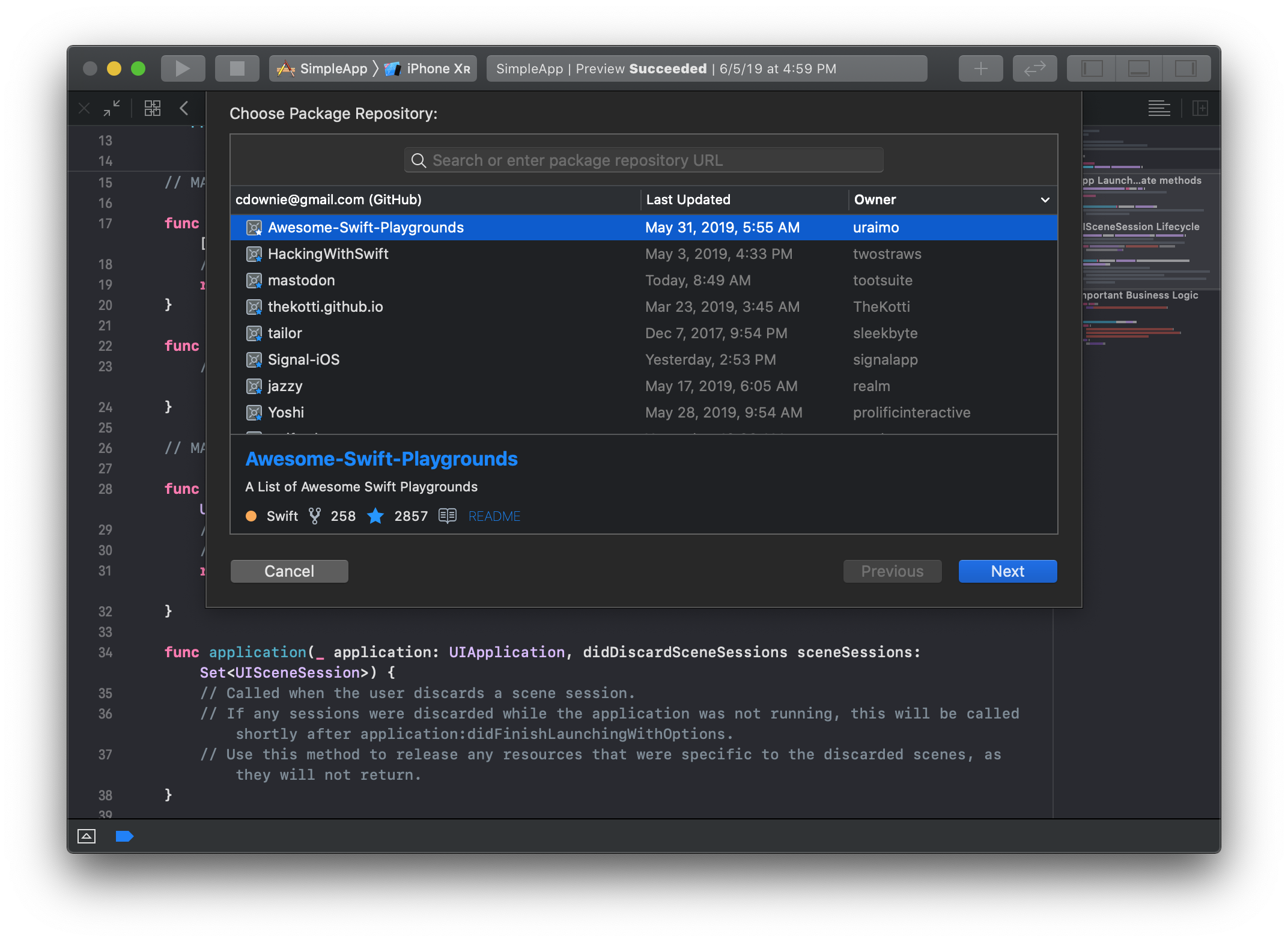 “Add Package Dependency” screen, filled with GitHub repos