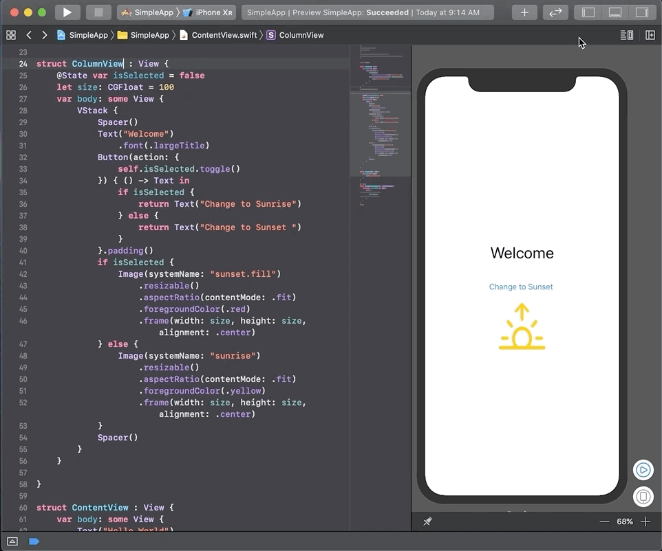Changing a Text node in the editor shows the changes immediately in the Canvas view.