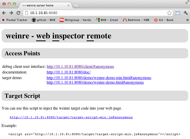 WEINRE server page