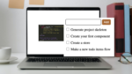 Illustrative mockup of a laptop with svelte code on it, including a callout box of a todo list.